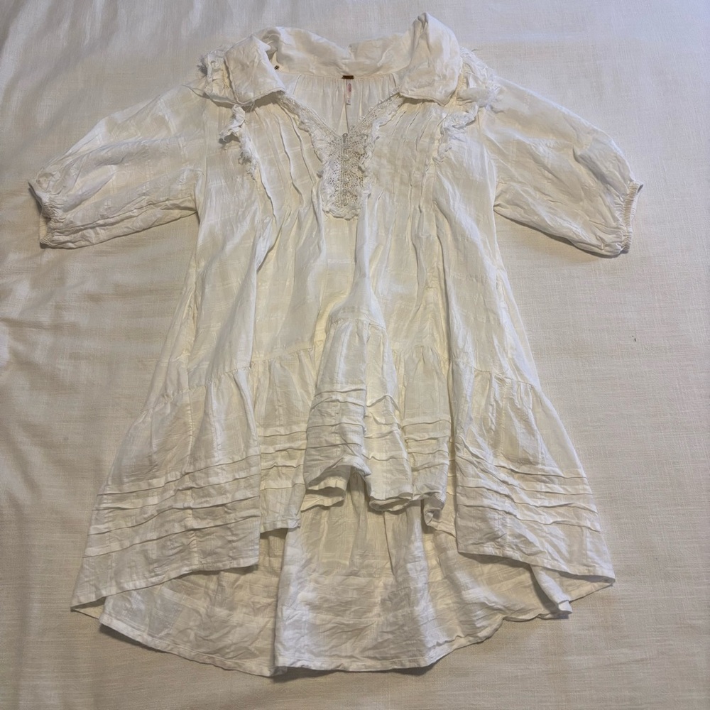 Free People White Lace-Trim V-Neck Mini Dress - Picture 2 of 14